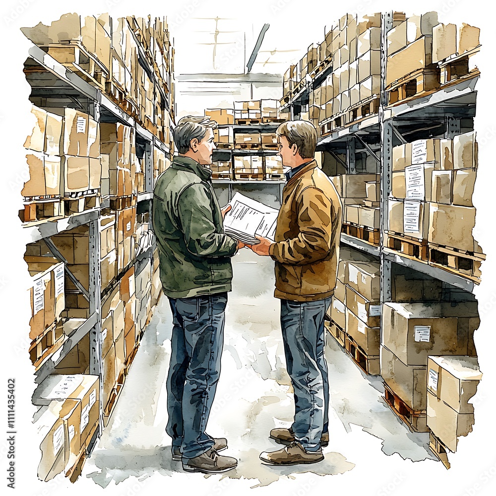 Two businessmen reviewing documents in a warehouse aisle surrounded by stacked pallets of cardboard boxes. Two businessmen reviewing documents in a warehouse aisle surrounded by stacked pallets of cardboard boxes.