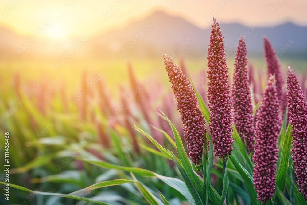 Serene Sunset Over Purple Sorghum Fields with Soft Light Peeking Through Mountains in the Background Capturing Nature's Beauty and Tranquility