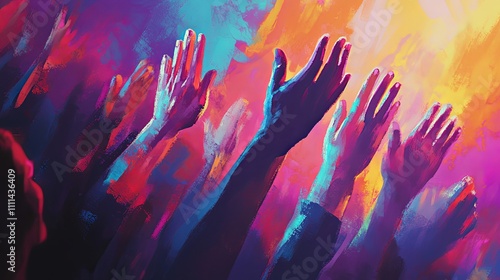 Colorful hands raise high in joyful celebration at a gospel service, capturing an uplifting moment of community, music, and spiritual connection during worship