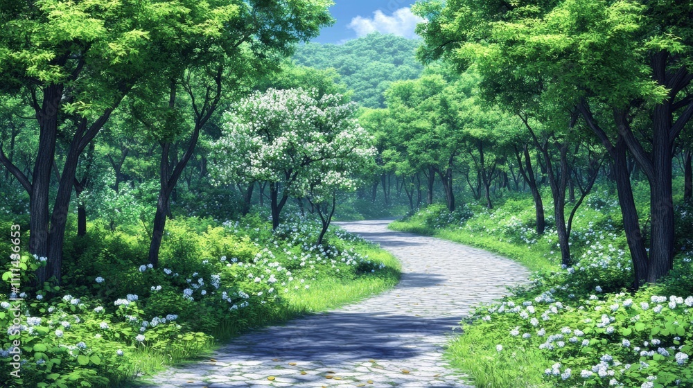 Serene Pathway Through Lush Green Forest Under Clear Blue Skies with Vibrant Flowers and Sunlight Filtering Through Leaves, Perfect for Nature and Travel Themes Serene Pathway Through Lush Green Forest Under Clear Blue Skies with Vibrant Flowers and Sunlight Filtering Through Leaves, Perfect for Nature and Travel Themes