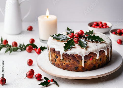 Wallpaper Mural Delicious Christmas Fruitcake with Holly & Berries - Festive Holiday Dessert Torontodigital.ca