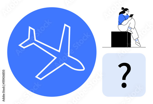 Large blue circle with white airplane icon, person in blue reading on cube, grey box with question mark. Ideal for travel queries, aviation, decision-making guides, travel tips, lifestyle, problem