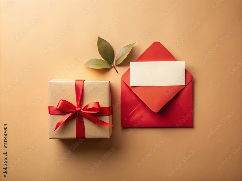 Elegant Blank Paper Card Mockup with Red Envelope and Gift Box on Peach Beige Background for Valentine's Day and Birthday Celebrations Elegant Blank Paper Card Mockup with Red Envelope and Gift Box on Peach Beige Background for Valentine's Day and Birthday Celebrations