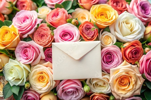 Elegant Blank Wedding Invitation and Save the Date Card Mockup Surrounded by Fresh Roses, Ideal for Romantic Celebrations and Event Planning