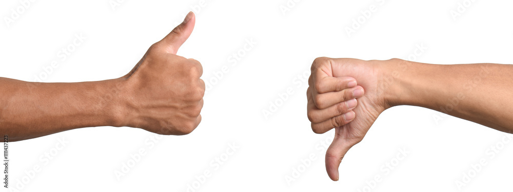Thumbs up and thumbs down isolated white background Thumbs up and thumbs down isolated white background