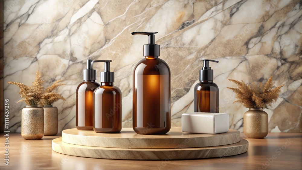 Elegant Brown Bottle Mockup for Bathing Products in Spa-Like Bathroom Setting Featuring Shampoo, Shower Gel, Liquid Soap on Marble Podium with Accessories in Front View Elegant Brown Bottle Mockup for Bathing Products in Spa-Like Bathroom Setting Featuring Shampoo, Shower Gel, Liquid Soap on Marble Podium with Accessories in Front View