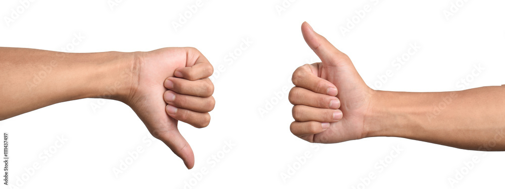 Thumbs up and thumbs down isolated white background Thumbs up and thumbs down isolated white background