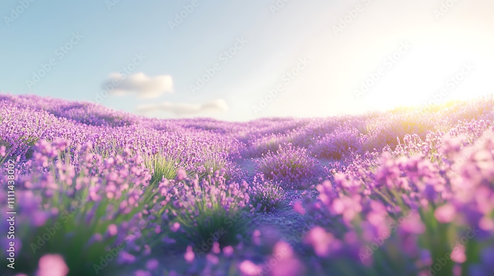 Fototapeta premium A serene lavender field bathed in sunlight, creating a tranquil and picturesque landscape.