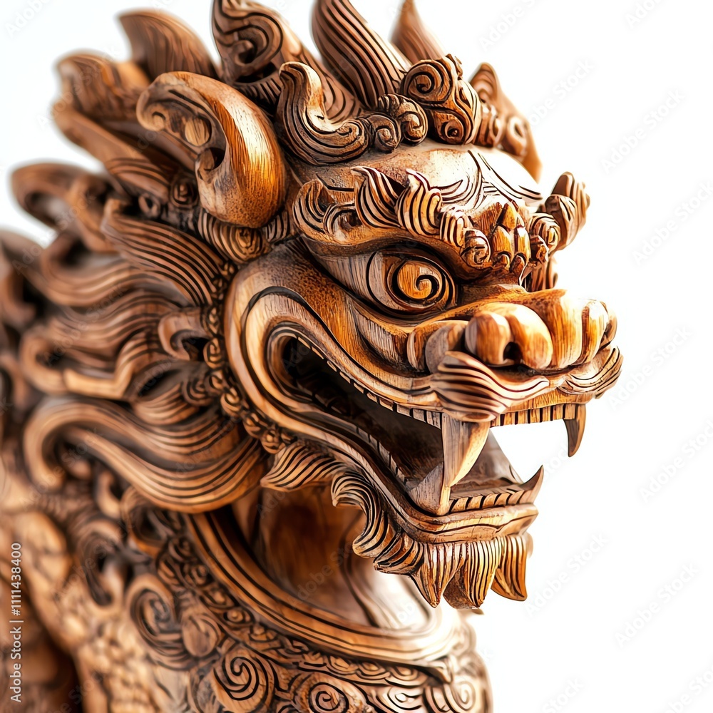 Detailed wooden dragon sculpture with intricate carvings on a white isolate background. Detailed wooden dragon sculpture with intricate carvings on a white isolate background.