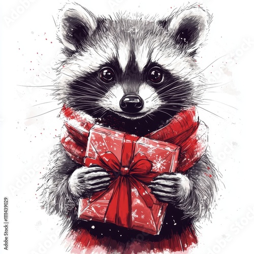 Adorable cartoon raccoon wearing a festive scarf and holding a beautifully wrapped Christmas gift, perfect for holiday-themed illustrations and designs photo