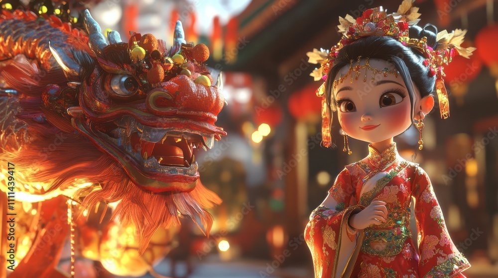 Girl in traditional dress with dragon statue Girl in traditional dress with dragon statue