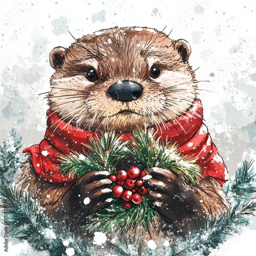 Cute Otter Holding Christmas Wreath with Red Berries and Snow Background, Festive Holiday Illustration of Adorable Animal in Winter Scenery photo