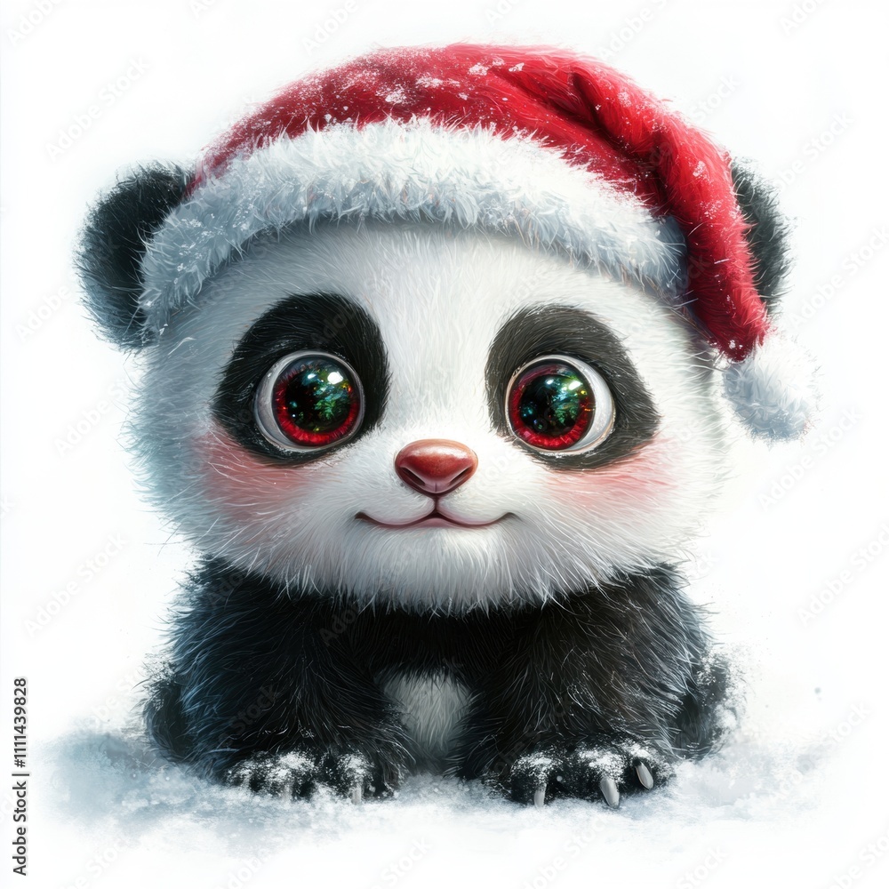 Adorable Panda in Santa Hat Sitting in Snow Featuring Big Sparkling Eyes, Capturing the Joyous Spirit of Christmas and Celebration in a Cute Winter Wonderland Adorable Panda in Santa Hat Sitting in Snow Featuring Big Sparkling Eyes, Capturing the Joyous Spirit of Christmas and Celebration in a Cute Winter Wonderland