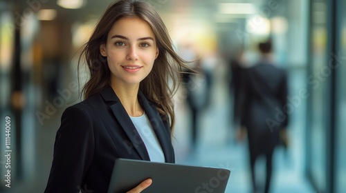 Professional Woman in Black Blazer Holding Laptop in Modern Office Setting Amidst Job Search and Recruitment Challenges