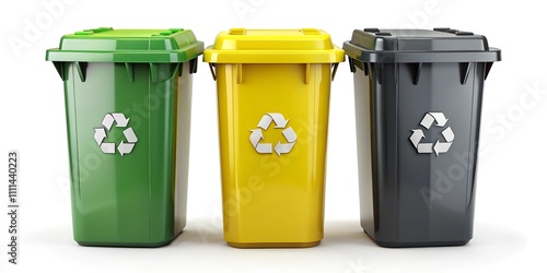 Assorted Recycling Bins in Black, Green, and Other Colors for Waste Disposal