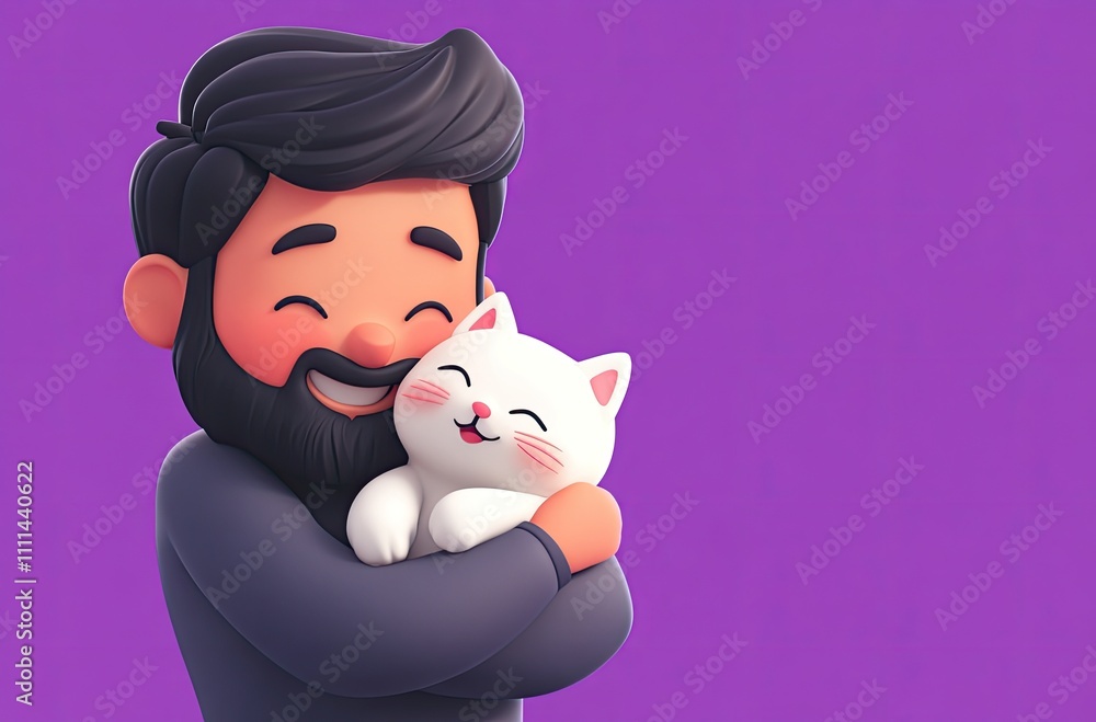 A cute cartoon man with black hair and a beard, hugging his white cat affectionately, against a purple background A cute cartoon man with black hair and a beard, hugging his white cat affectionately, against a purple background