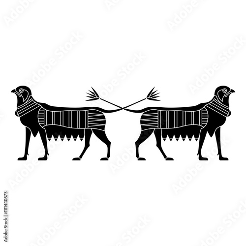 Symmetrical animal border with two fantastic griffins with crossed lotus tails. Ancient Egyptian ethnic design. Black and white silhouette.