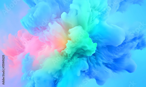 A vibrant abstract cloud of colorful smoke, blending shades of blue, pink, and green.