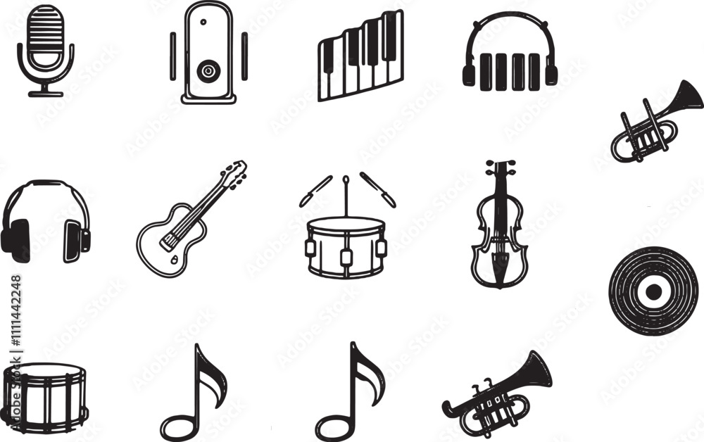 Fototapeta premium set of instruments Music themed vector icons featuring guitars drums microphones and musical notes in a black and white