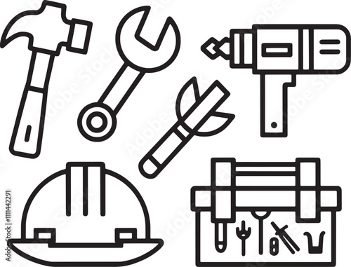 set of tools Construction and repair tools icons featuring hammers drills wrenches toolboxes and helmets in a detailed black and white vector