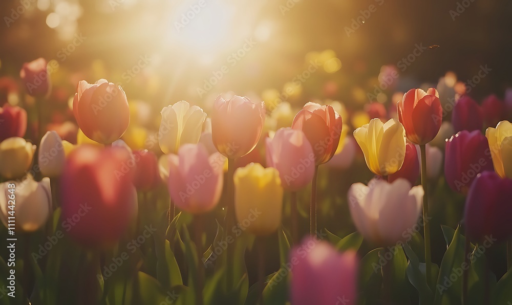 A vibrant field of tulips illuminated by sunlight, showcasing nature's beauty in spring. A vibrant field of tulips illuminated by sunlight, showcasing nature's beauty in spring.