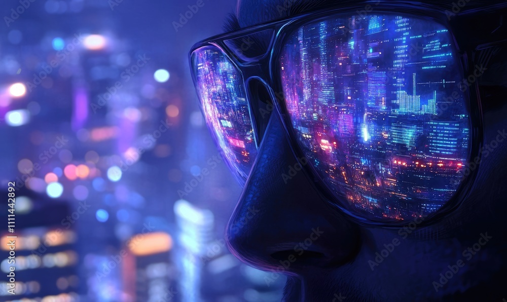 Close-up of the face and glasses reflecting data visualizations, with blurred city lights in the background Close-up of the face and glasses reflecting data visualizations, with blurred city lights in the background