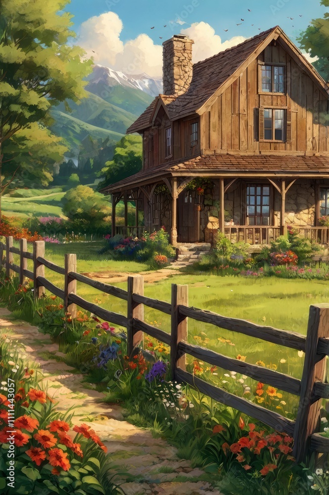 A beautiful country house nestled amidst lush greenery and rolling hills. The house is made of warm, weathered wood with a red tile roof, complete with a stone chimney that emits soft wisps of smoke. A beautiful country house nestled amidst lush greenery and rolling hills. The house is made of warm, weathered wood with a red tile roof, complete with a stone chimney that emits soft wisps of smoke.