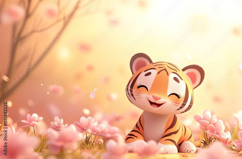 Cute cartoon tiger sitting on the ground, surrounded by flowers and a pink background, with a light orange and white color scheme, colorful animation stills Cute cartoon tiger sitting on the ground, surrounded by flowers and a pink background, with a light orange and white color scheme, colorful animation stills