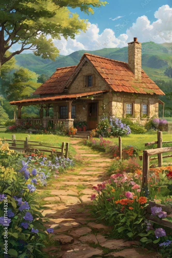 A beautiful country house nestled amidst lush greenery and rolling hills. The house is made of warm, weathered wood with a red tile roof, complete with a stone chimney that emits soft wisps of smoke. A beautiful country house nestled amidst lush greenery and rolling hills. The house is made of warm, weathered wood with a red tile roof, complete with a stone chimney that emits soft wisps of smoke.