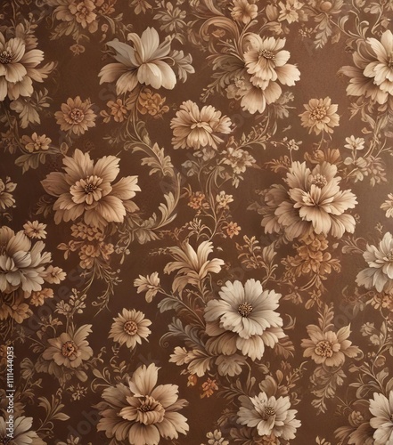 Classic floral pattern on textured brown and tan wallpaper with a vintage feel and ornate details, rustic elegance, vintage feel, classic floral