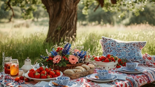Fourth of July picnic setup with vibrant red, white, and blue decorations