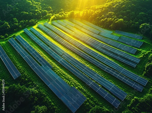 Aerial View Solar Farm Renewable Energy Sustainable Nonpolluting Photovoltaic Technology Eco-Friendly Electricity Production photo