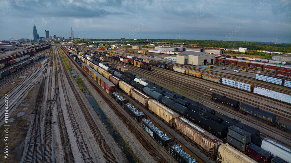 JULY 12, 2023, MOBILE ALABAMA, USA - aerial view of railroad yard outside of Mobile Alabama Port JULY 12, 2023, MOBILE ALABAMA, USA - aerial view of railroad yard outside of Mobile Alabama Port