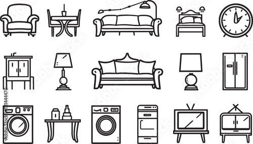 set of furniture icons Minimalist black and white icons of home appliances including washing machines fridges and electronics for a comprehensive household utility and appliance theme