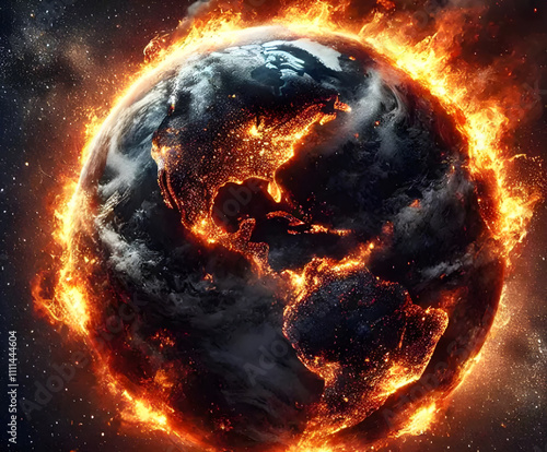 Fototapeta Naklejka Na Ścianę i Meble -  A planet earth exploding in flames destroyed by a bomb