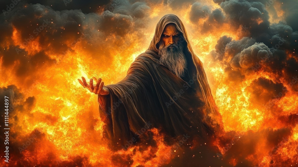 Old Prophet Warning People of Sin and Mistakes in Jerusalem against Dark Clouds and Flames Old Prophet Warning People of Sin and Mistakes in Jerusalem against Dark Clouds and Flames