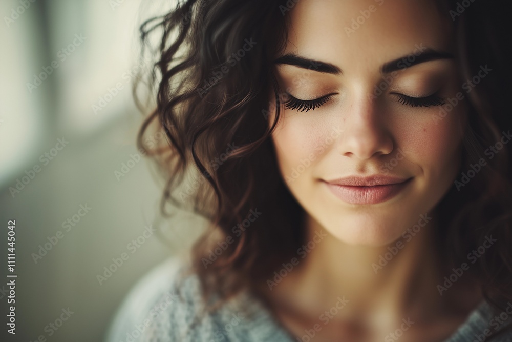 Serene Woman with Closed Eyes and Wavy Hair Serene Woman with Closed Eyes and Wavy Hair