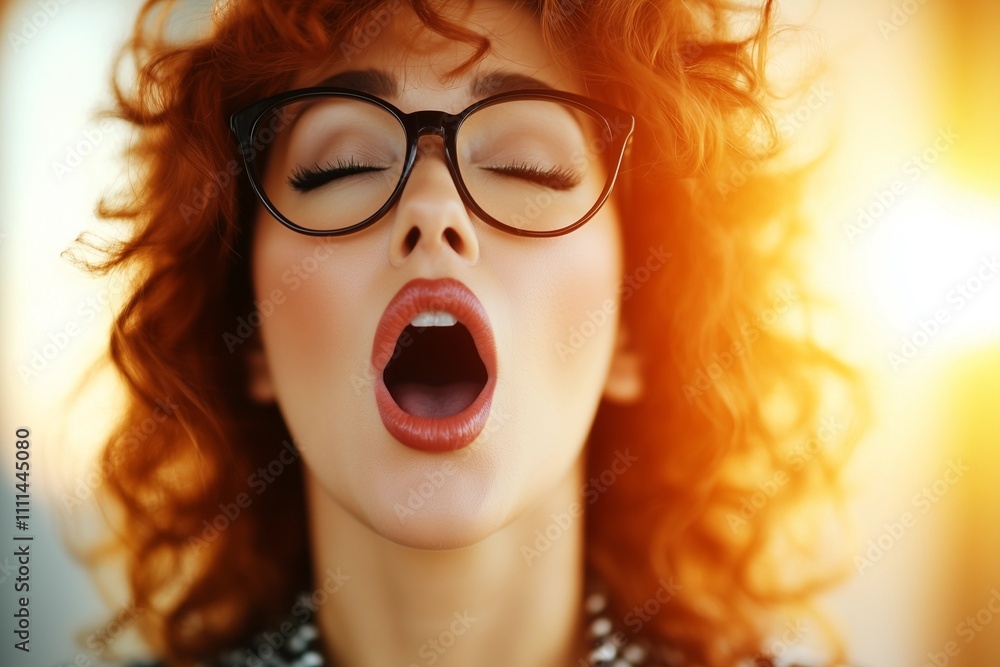 Redheaded Woman in Glasses with Closed Eyes and a Wide Open Mouth Redheaded Woman in Glasses with Closed Eyes and a Wide Open Mouth