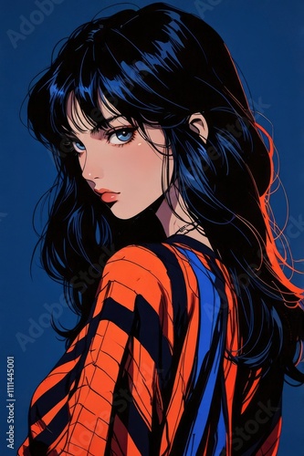 evocative portrait in the Japanese retro anime style of the 80s and 90s. The scene features a female bathed in deep blue light. The background is stark, with sharp contrasts highlighting the contours 