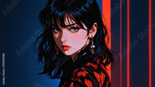 evocative portrait in the Japanese retro anime style of the 80s and 90s. The scene features a female bathed in deep blue light. The background is stark, with sharp contrasts highlighting the contours 