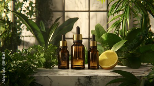 Luxurious Essential Oil Bottles in Lush Tropical Setting