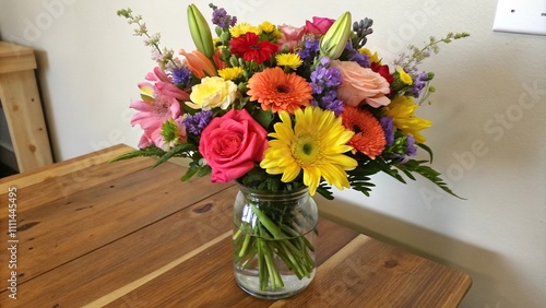 Wallpaper Mural Colorful mixed floral arrangement in a glass vase on a wooden table, fresh cut flowers, garden inspired, vases, floral arrangement Torontodigital.ca