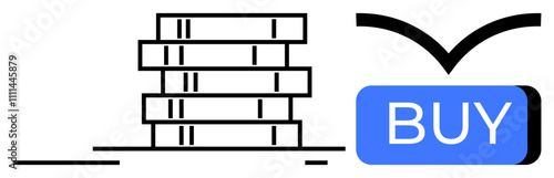 Stack of books next to a blue BUY button with an arrow hovering above. Ideal for e-commerce, education, bookstores, online shopping, digital marketing, reading promotions, literary events. Line