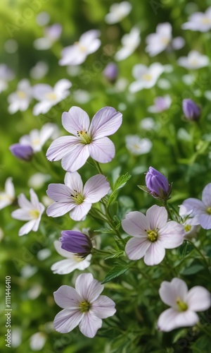 Detail shot of small purple and white flowers against a soft focus green backdrop, botanical, floral, white