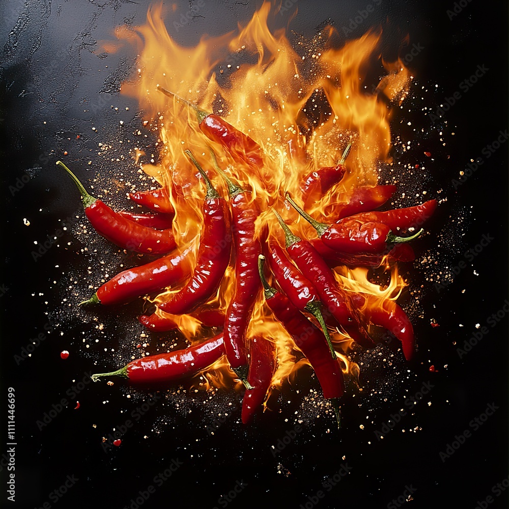 Flaming Red Chili Peppers On Black Background Flaming Red Chili Peppers On Black Background
