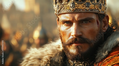 Majestic King Portrait with Crown and Beard in Front of Ancient Castle photo