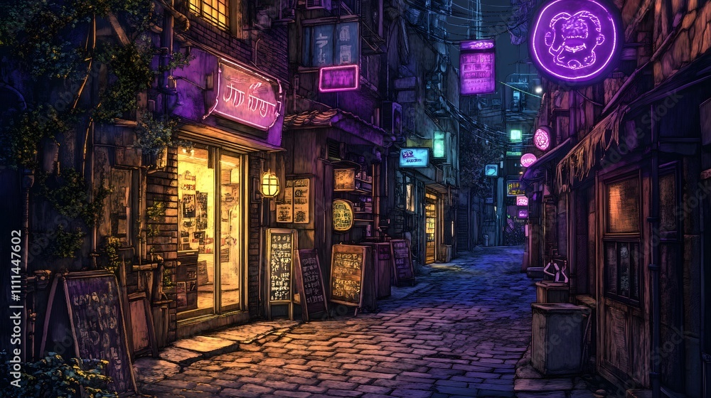 Naklejka premium Nighttime Alleyway Scene Neon Lights Asian Cityscape