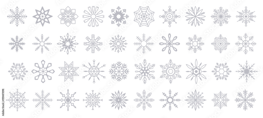 Delicate snowflake shapes representing winter grey linear icons collection. Christmas season festive atmosphere objects set on white Delicate snowflake shapes representing winter grey linear icons collection. Christmas season festive atmosphere objects set on white