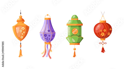 Vintage Chinese paper lanterns flat color vector objects set. Oriental festive lamps creating atmosphere illustrations bundle on white background