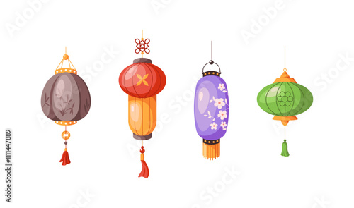 Multicolor Asian lanterns with tinsels flat color vector objects set. Traditional oriental lamps for festive mood illustrations bundle on white